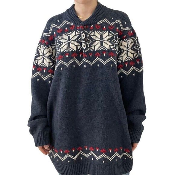 LL Bean Mens Navy Blue Red Lambswool Fair Isle Snowflake Cowl Neck Sweater XXL - Picture 6 of 7